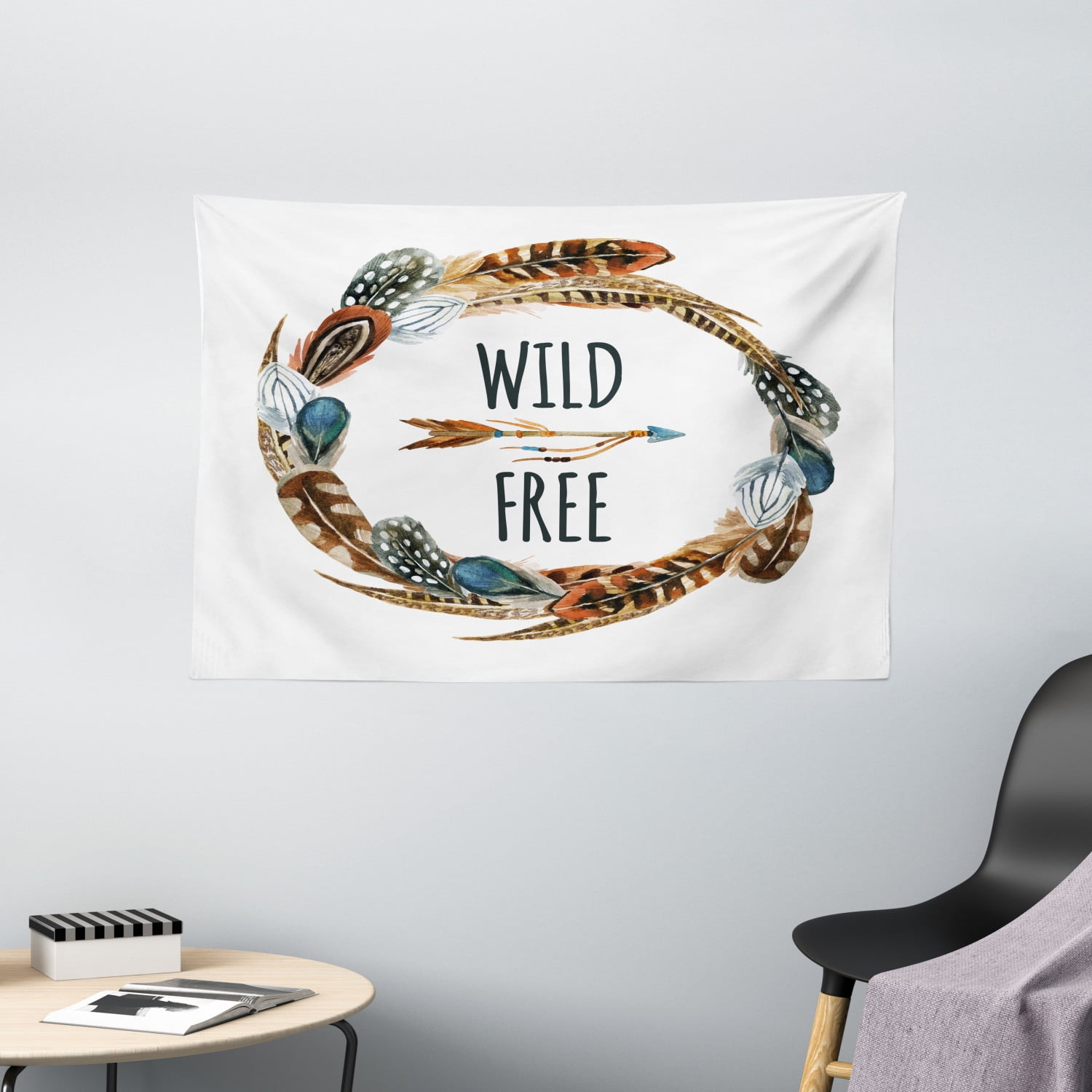 Feather Tapestry, Watercolor Wreath Bird Feathers Circle with an Arrow