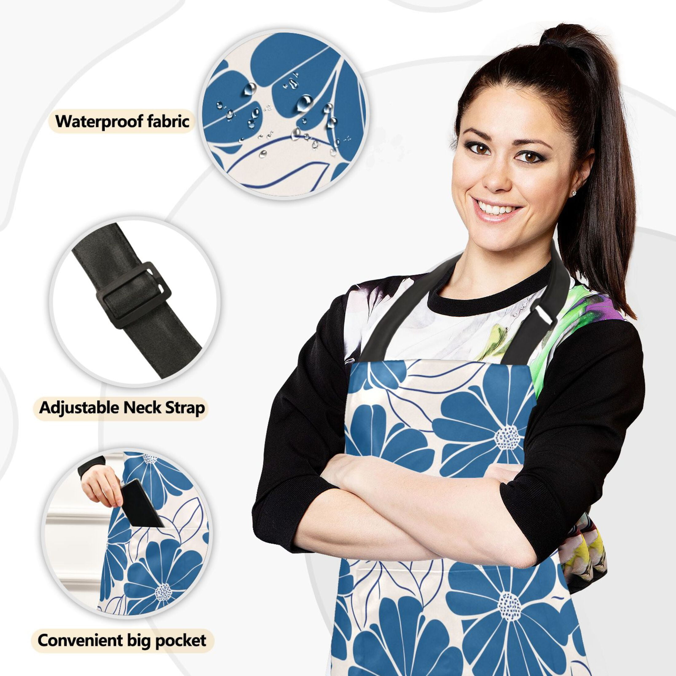 Blue Flowers with Petals 5 Pcs Kitchen Set Heat Resistant Oven Mitts and Non-Slip Pot Holders with Adjustable Cooking Apron