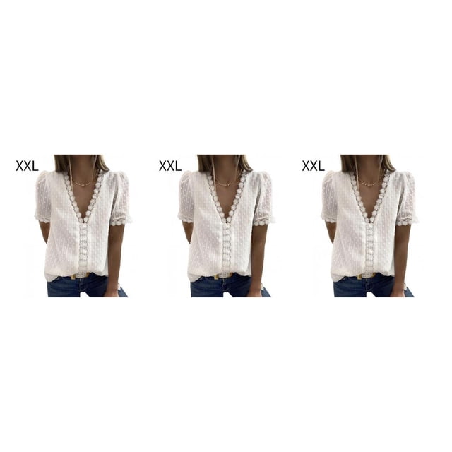 sweethay Camiseta de gasa para mujer, blusa holgada de encaje lavable con cuello en V y manga corta, para compras, deportes al aire libre, Top Type1 NO1