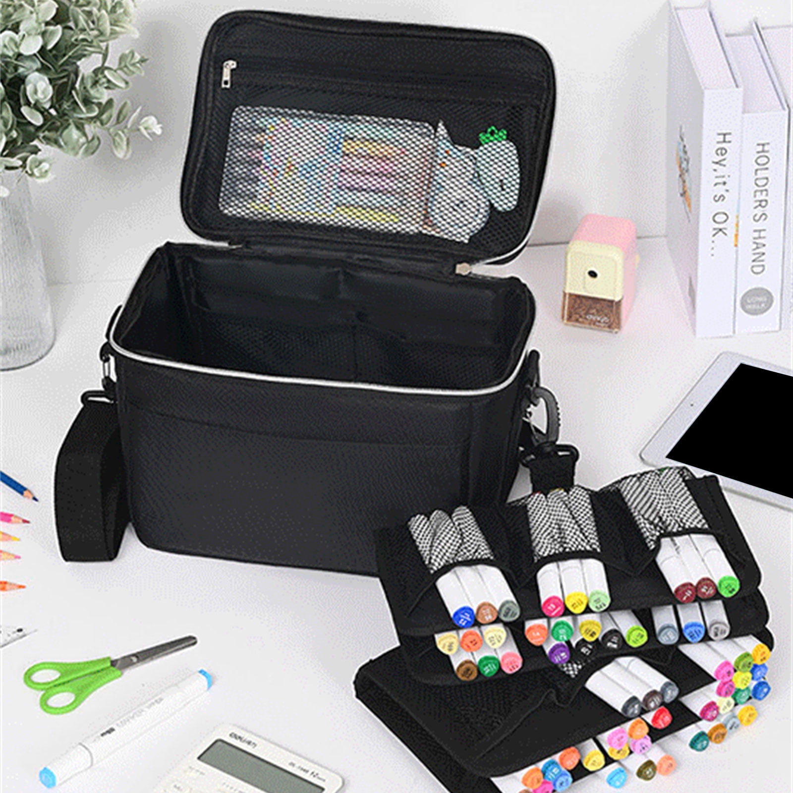 120 Slots Large Capacity Multilayer Marker Case with Shoulder Strap Portable Art Markers Carrying Bag Marker Organizers