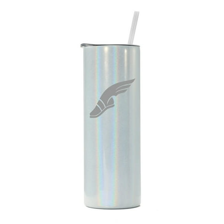 

20 oz Skinny Tall Tumbler Stainless Steel Vacuum Insulated Travel Mug Cup With Straw Track & Field Wing Shoe (White Iridescent Glitter)