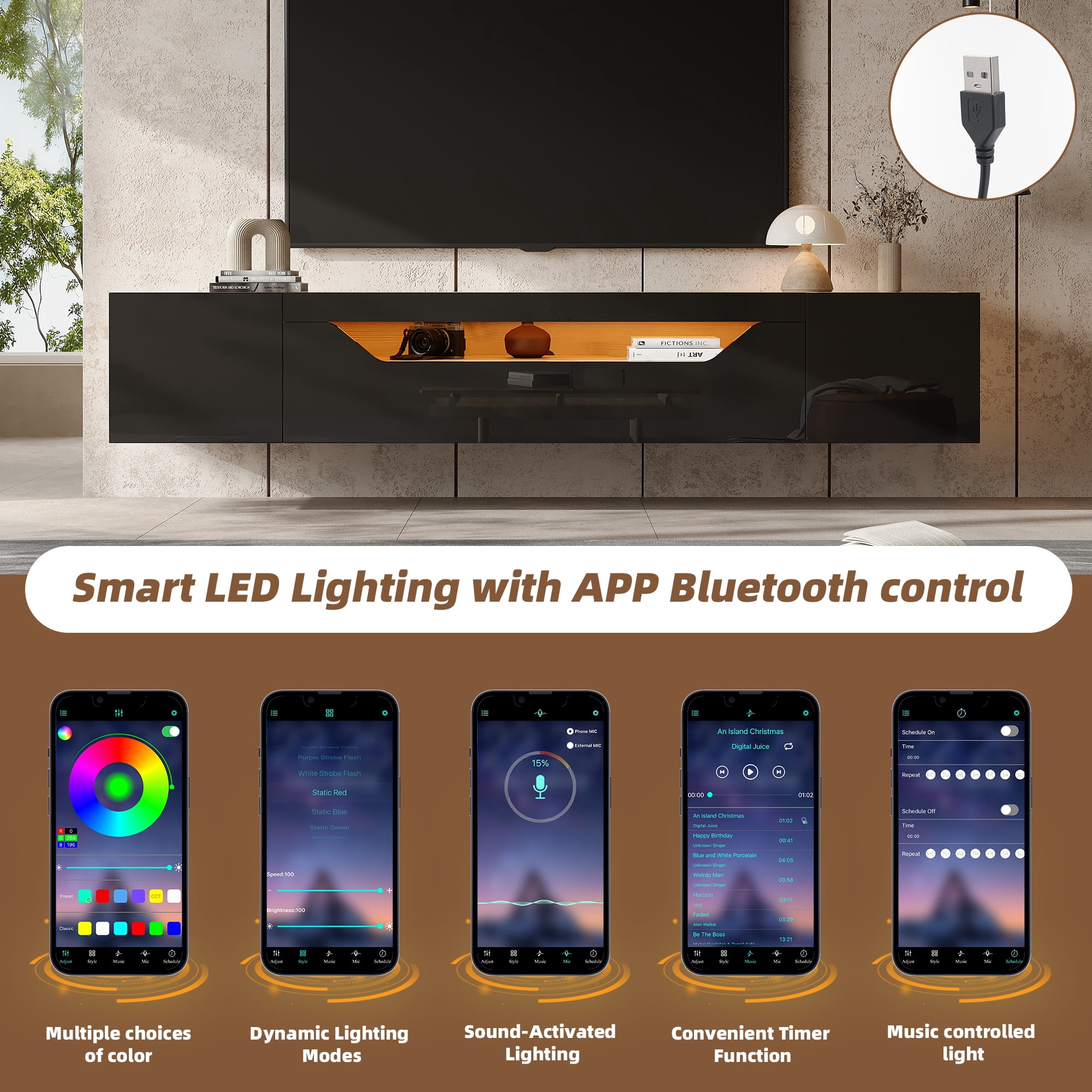 Homy Casa meuble TV flottant 64,9 po pour téléviseurs jusqu’à 65 po, console murale avec DEL par appli, noir lustré et chêne