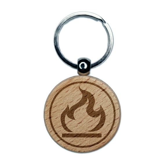 Flammable Fire Icon Round Keychain Charm Tag - Engraved Wood