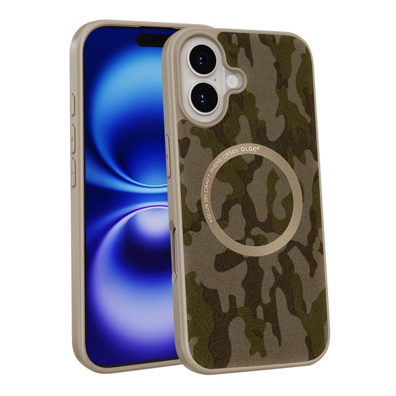 Case for iPhone 16 Plus, [Compatible with MagSafe] Camouflage Pattern Design for Women Men Soft TPU Bumper PU Leather Back Anti-Fall Shockproof Protective Slim Mganetic Phone Cover, Apricot