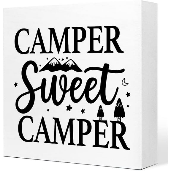 Funny Camping Wooden Sign Desk Decor,Rustic Camping Quote Wood Block Sign Plaque Desk Decorations For Home Campsite Trailer Camper Desk Shelf Table Decor (Camper Sweet) 5x5 Inch