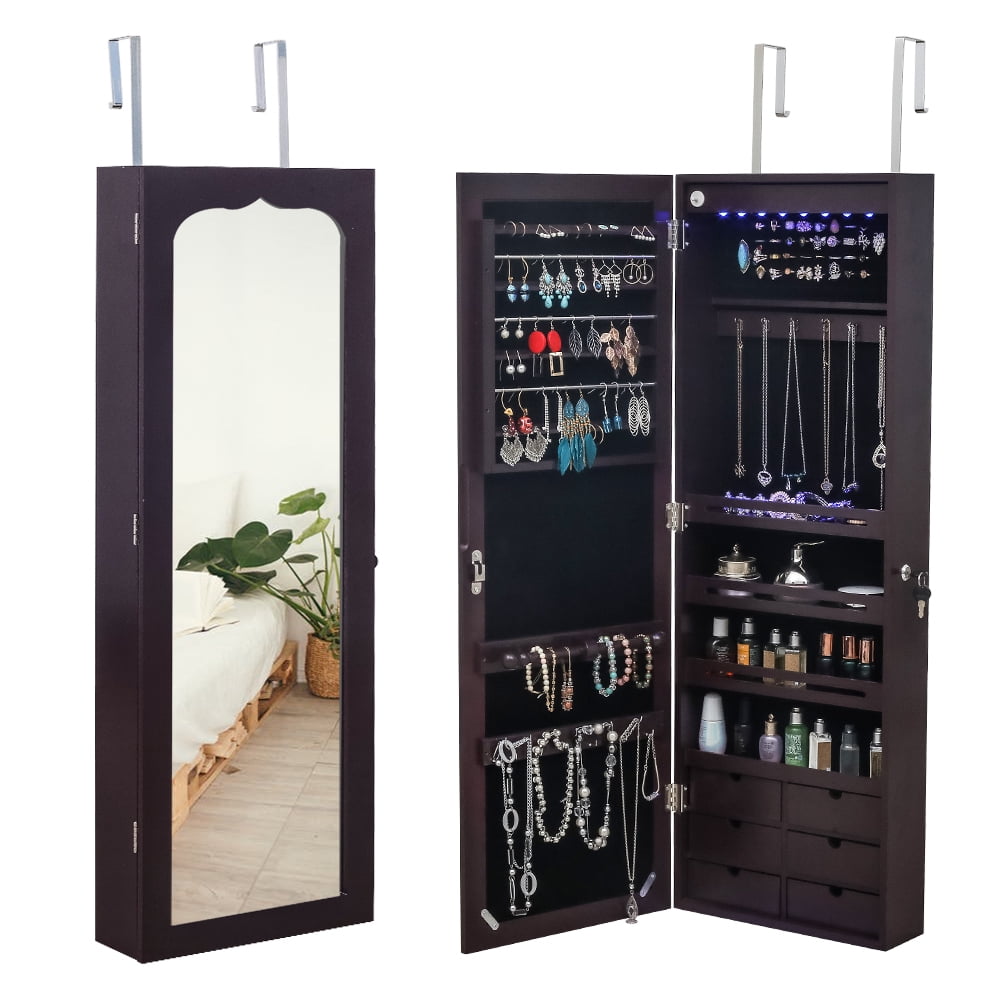 Jewelry Storage Mirror Cabinet, Nonfull Mirror Wooden Wall Mounted 4-layer Shelf, 6 Drawers, 8 Blue Led Lights