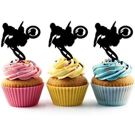 6Pcs Motocross Stunt Rider Silhouette Acrylic Cupcake Toppers for Sports Themed Party Decorations