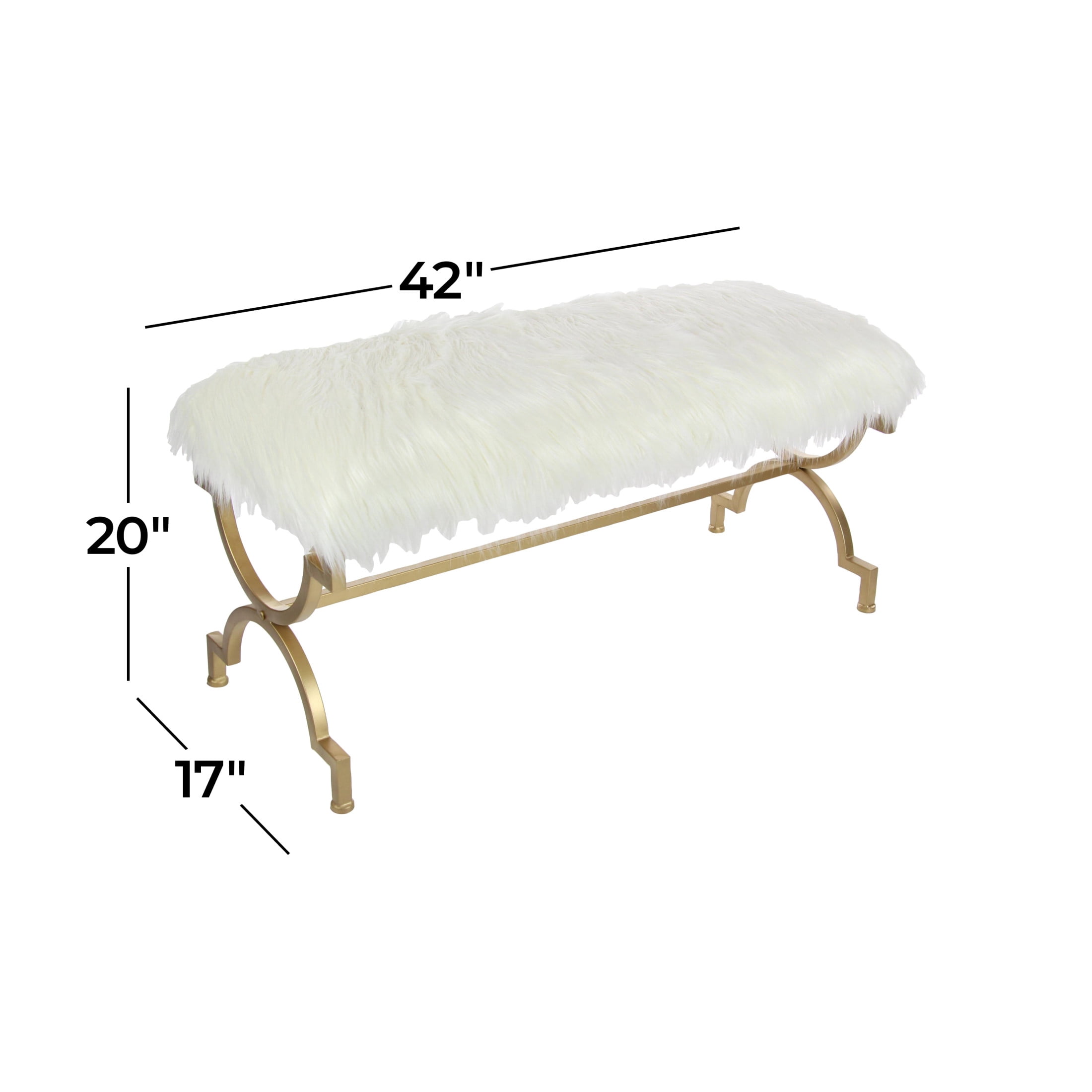 DecMode Metal Bench with White Faux Fur Top, Gold