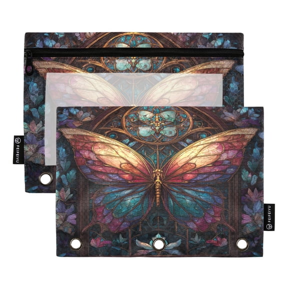 2 Pack 3 Ring Binder Pouch with Clear PVC Window Water Resistant Zipper Pencil Pouch Multi-color Metal Butterfly Binder Pocket for Classroom Office Home Stationery Organization