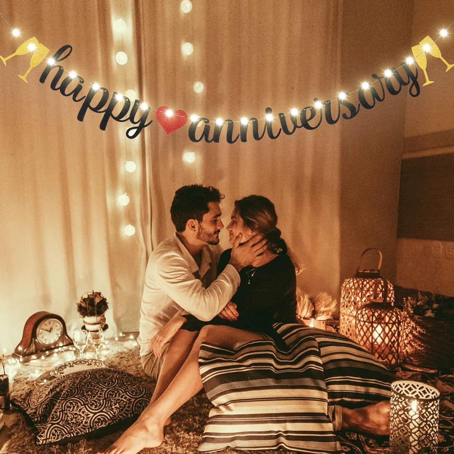 GHSDFBB Bannière Joyeux Anniversaire Or Et Noir Bannière Pailletée Avec Guirlande Lumineuse 8 Modes Scintillants, Guirlande Suspendue Pour Décoration De Cérémonie De Mariage Anniversaire