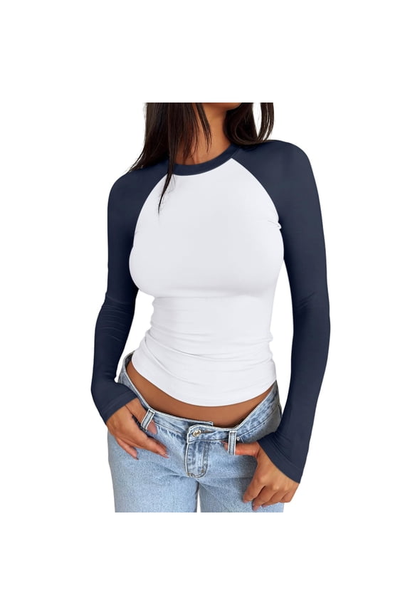 Cropped Long Sleeve Tops For Women Tight Layering Basic Tee Fashion V Neck Slim Fitted Tops Y2k Teen Girls Juniors Tight Shirt Navy S