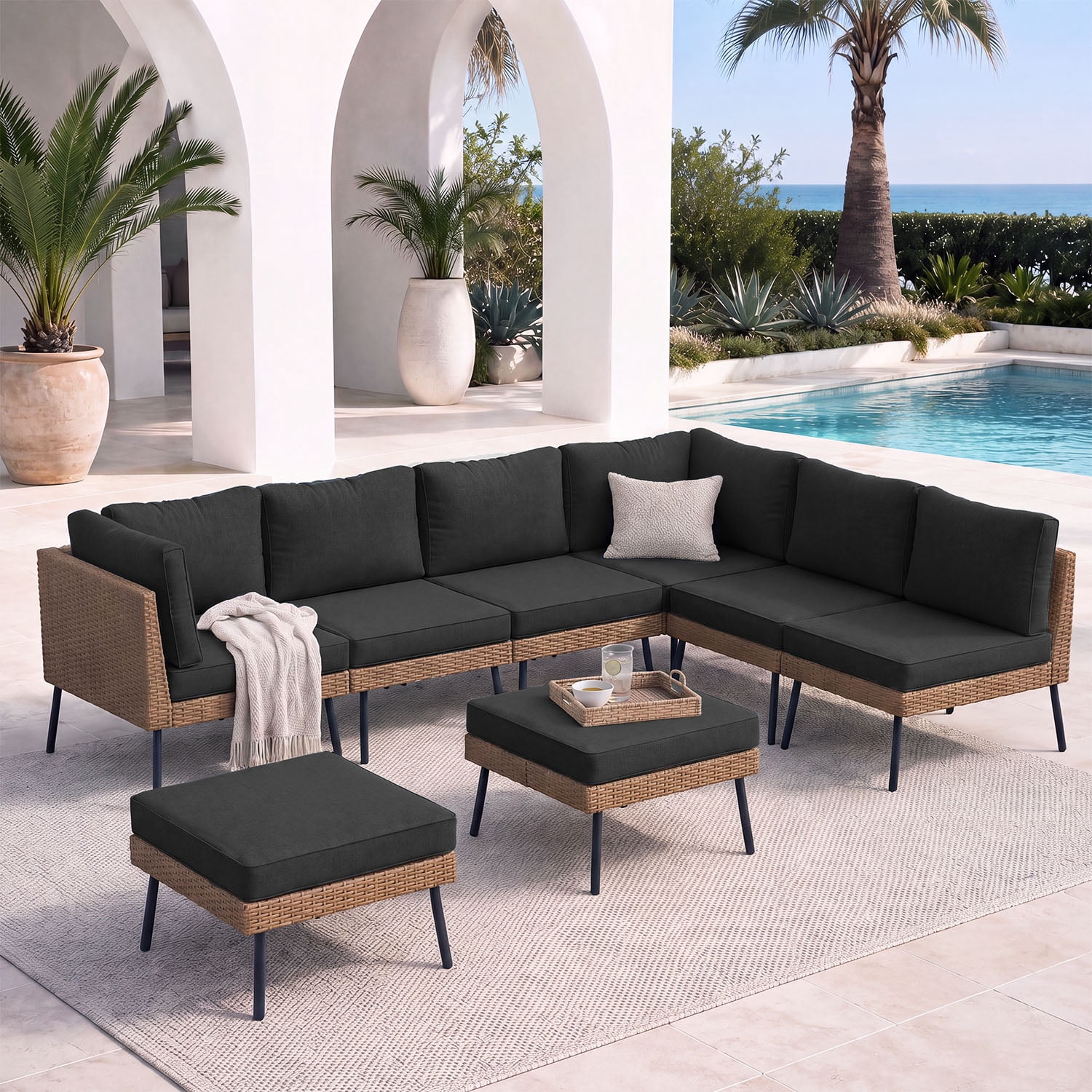 BaPiPro 8-Piece Modular Outdoor PE Rattan Sectional Sofa Set, All Weather Patio Furniture with Removable 4" High Density Cushions & 2 Multifunctional Ottomans for Backyard Garden Courtyard, Black