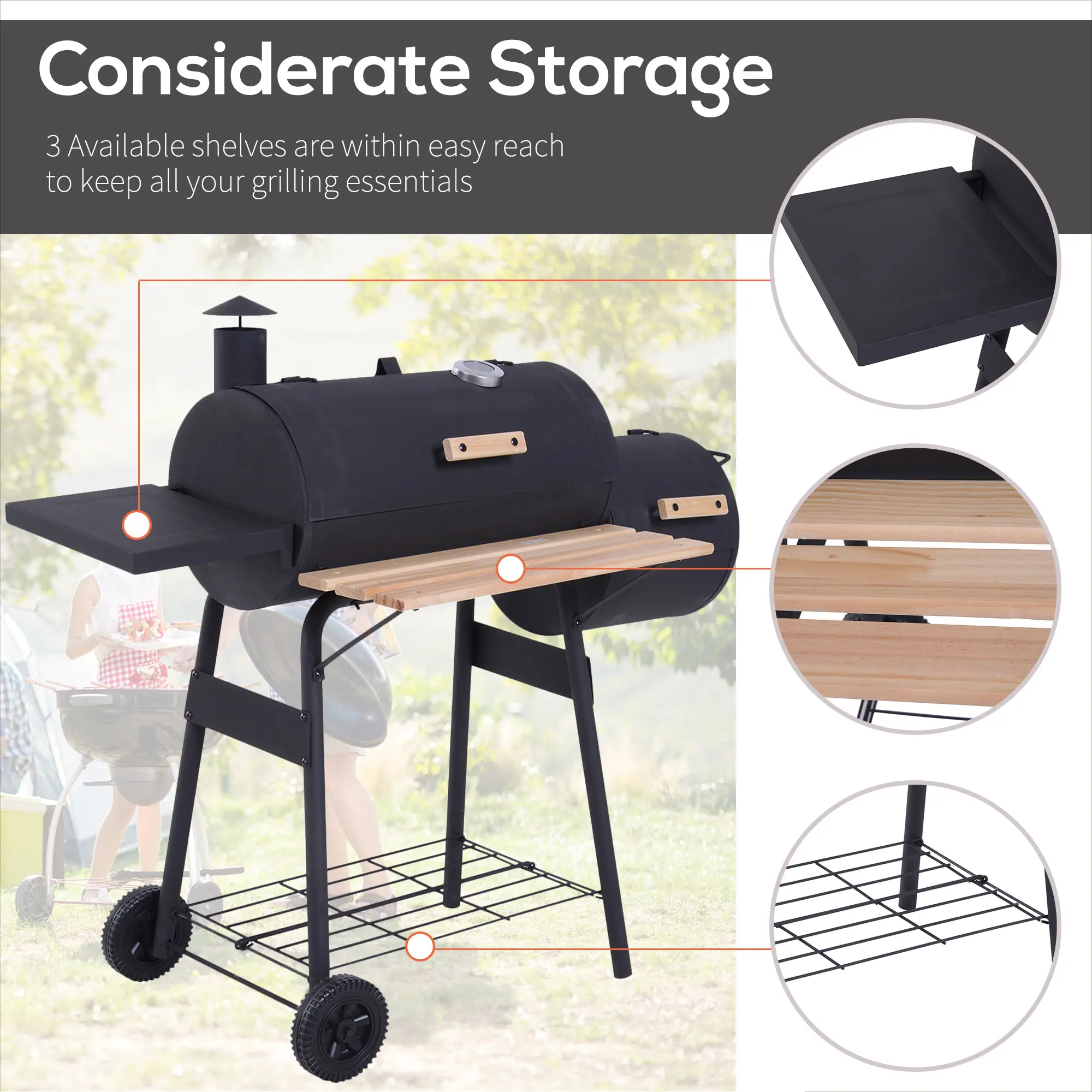 Portable Charcoal BBQ Grill with Wheels, Shelves & Thermometer, Black
