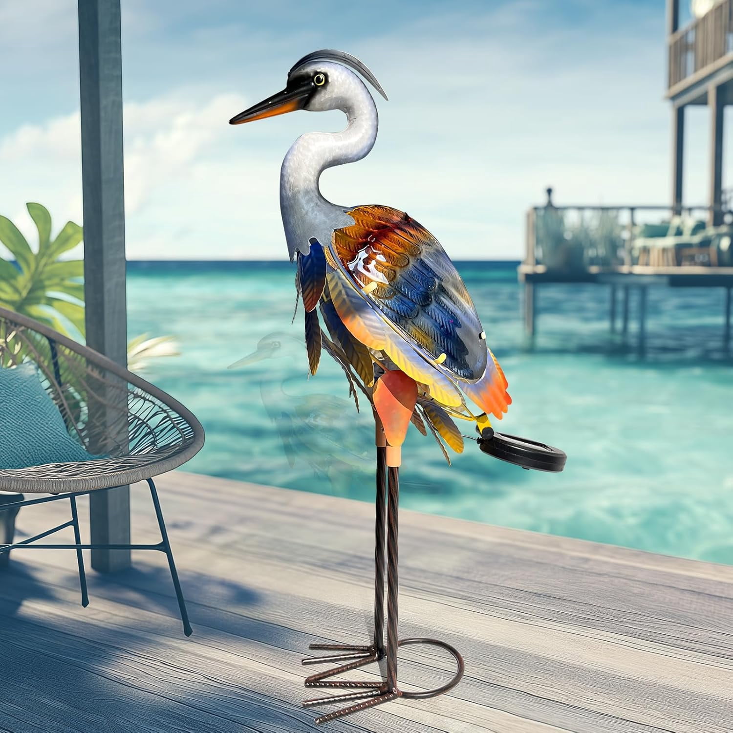 Solar Heron Metal Crane Statue Garden Heron Sculpture, Glass Outdoor Crane Yard Art Coastal Ocean Bird Decor 24 Inch Lawn Ornament for Backyard Porch Patio Decor