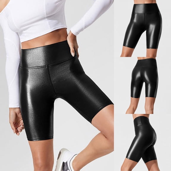 Yoga Pants for Women Faux Leather Solid Print High Waist Stretchy Breathable Slim Fit 4 Inch Shorts for Workout Wear Black L