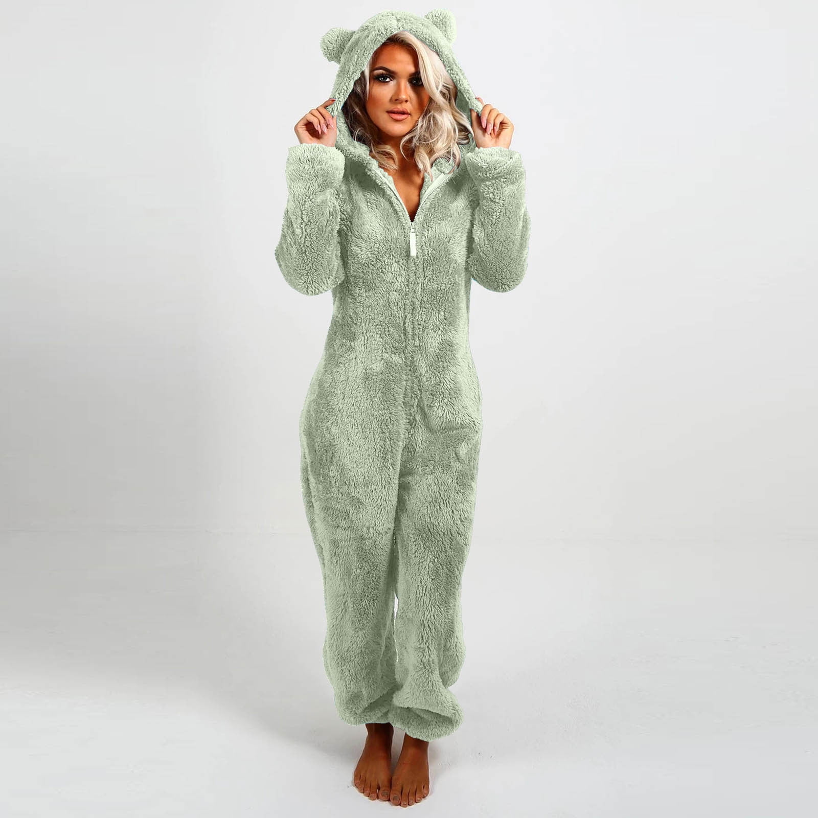 QATAINLAV Sherpa Jumpsuits for Women Fuzzy Onesies Pajamas Long Sleeve Adult Cat Ears Hooded Rompers Sleepwear Warm Plush One Piece Pants Army Green M