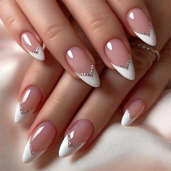 Buy 2 Get 1 Free 24Pcs Pink Stiletto Press on Nails Long Fake Nails with Glue French Tip False Nails Artificial Acrylic Nails Press ons Long Almond Press on Nails Full Cover Reusable Stick on Nail