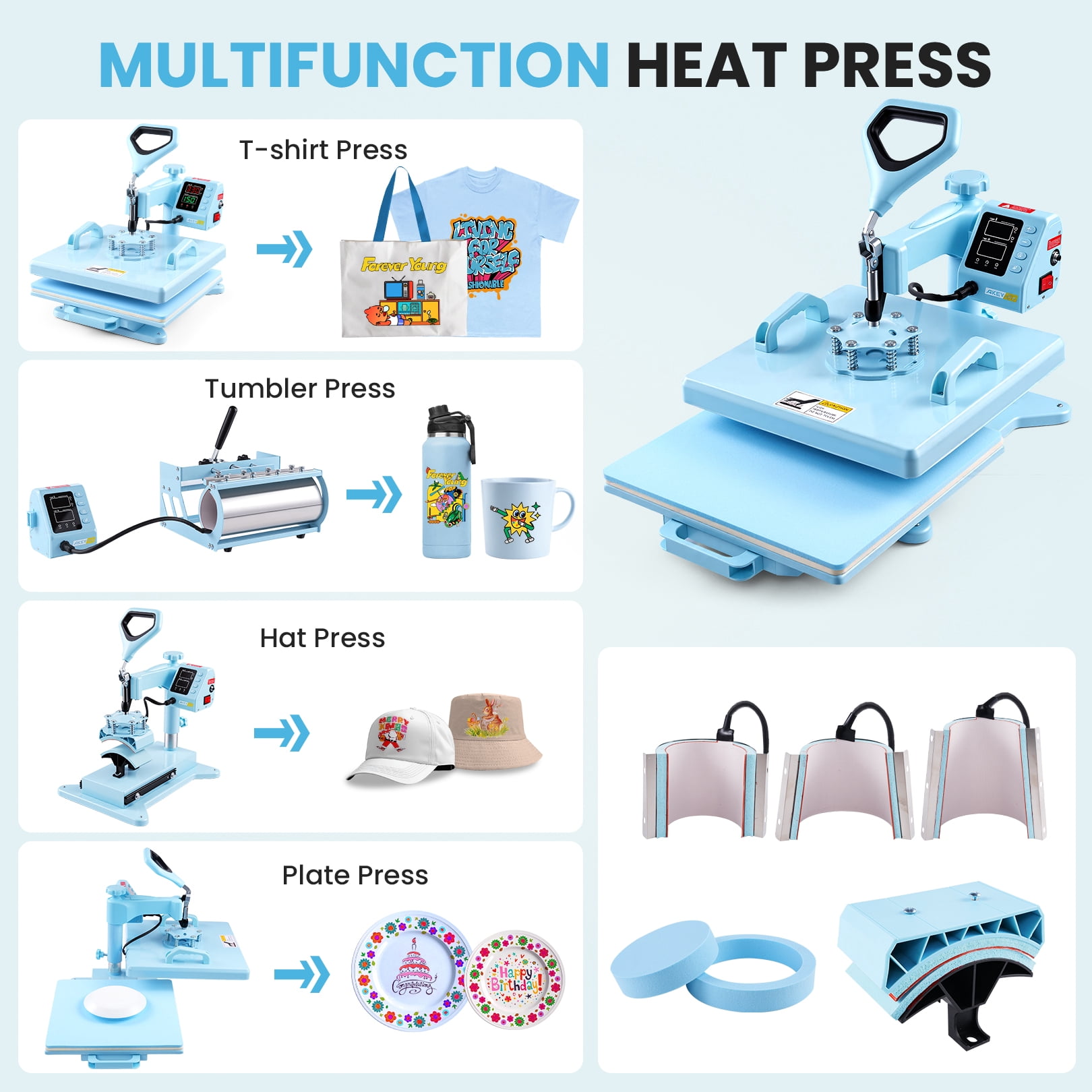 Adnoom Heat Press 15x15, 5 in 1 Multifunctional Shirt Press Machine Combo, 360° Swing Away Sublimation Heat Transfer with LED Display for T-shirts Mugs Hat Plate Cap