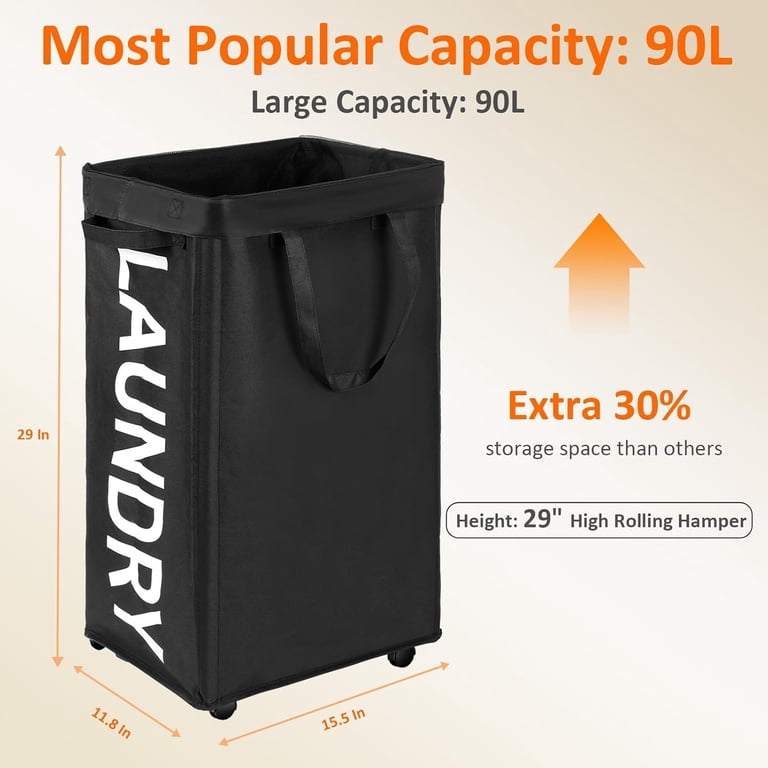 Rolling Laundry Basket With Wheels, 90L Capacity, Black photo 6