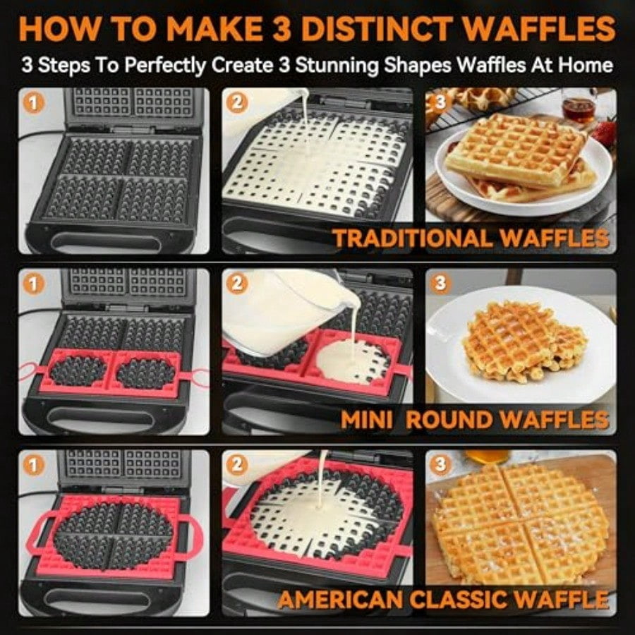 Multi Shapes Waffle Iron Combo Mini American Classic Belgian and Chaffle Maker 2 Silicone Molds Graphite