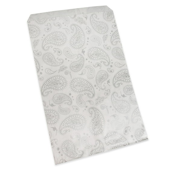 20 Qty 6" x 9" Decorative Flat Paper Gift Bags - Fancy Silver Paisley Pattern on White Kraft Bags - For Sales/Treats/Parties Cookies/Gifts - N'icePackaging