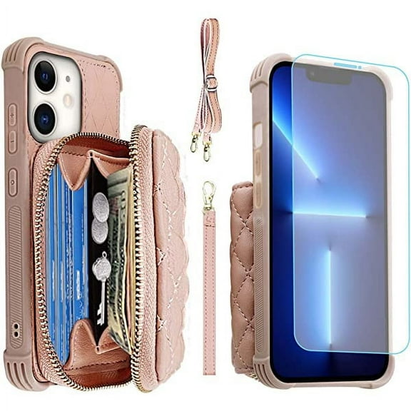 MONASAY Zipper Wallet Case Fit for Apple iPhone 12 Pro/iPhone 12 ,[Glass Screen Protector ][RFID Blocking]Flip Leather Handbag Phone Cover with Card Holder & Crossbody Lanyard Strap