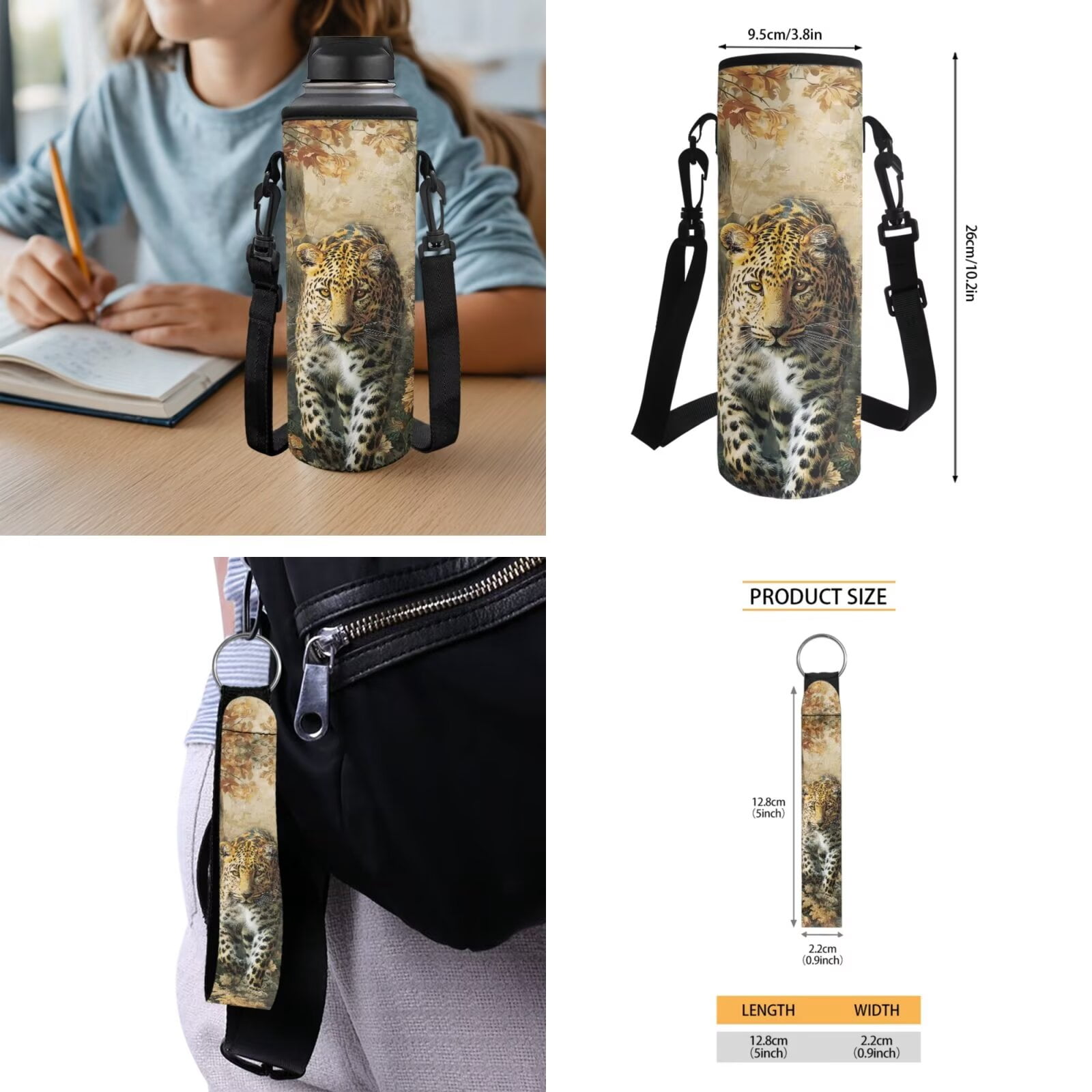 Pzuqiu Cute Leopard Print Kids Backpack and Lunch Box Set 5 Piece Large Lightweight School Bag Set with Pencil Case Water Bottle Bag for Elementary Boys Girls Daily School Use
