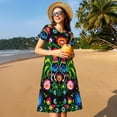 thumbnail image 4 of Goofa Roosters and Flowers Pattern Women Summer Short Sleeve Midi Dress with Pockets Casual Aline Flowy Tshirt Dress Vocation Beach Sundress, 4 of 6