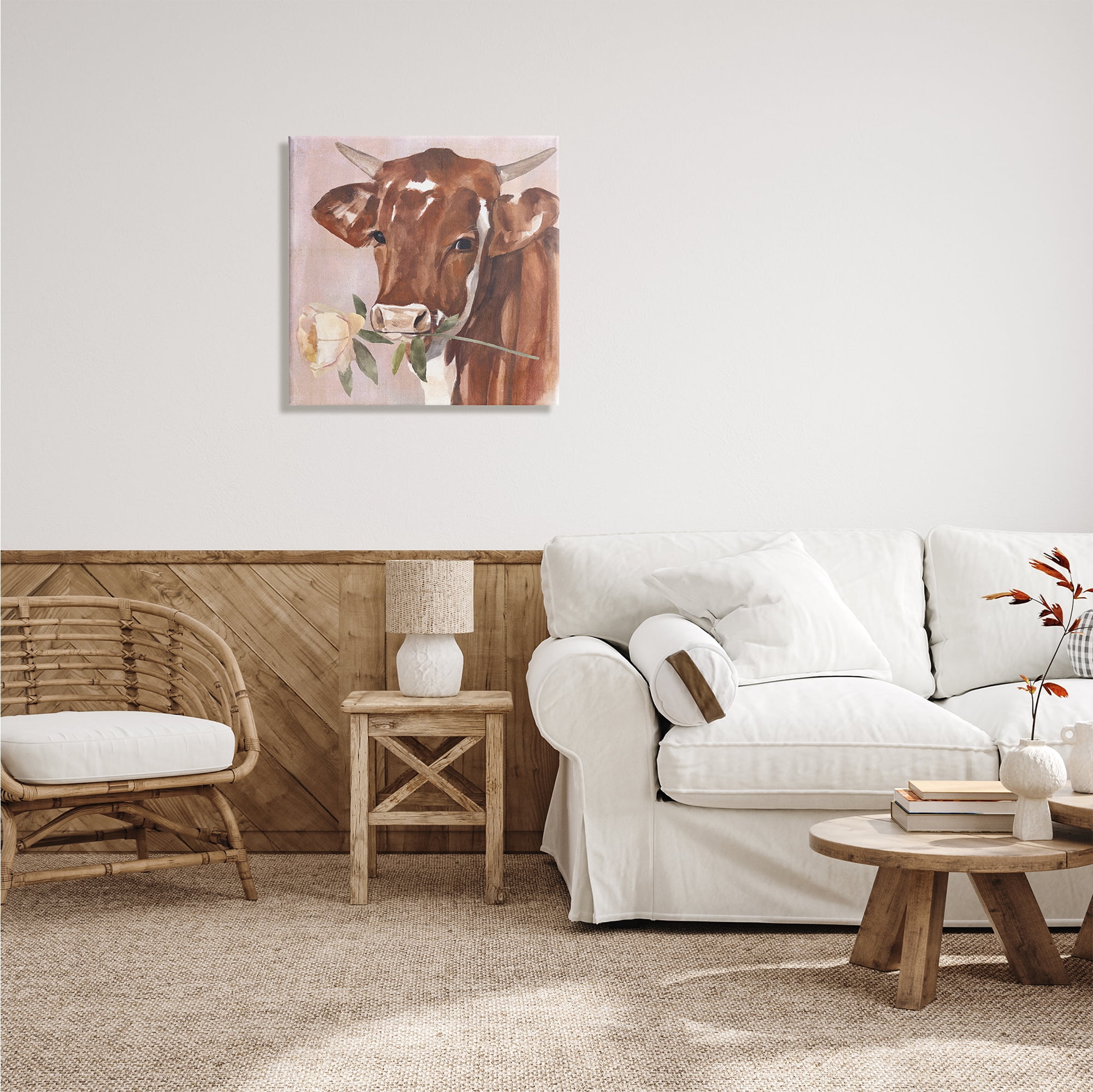 Stupell Industries Romantic Bull Cattle White Rose over Pink, 24 x 24, Design by Annie Warren