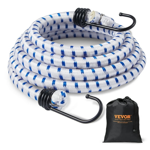 VEVOR 6 Piece Bungee Cords with A3 Steel Hooks, 72 Inch Heavy Duty Bungee Straps, 12 mm Elastic Bungee Ropes Set for Camping, Tarps, Motorcycle, Truck and Tent, White with Blue Stripes