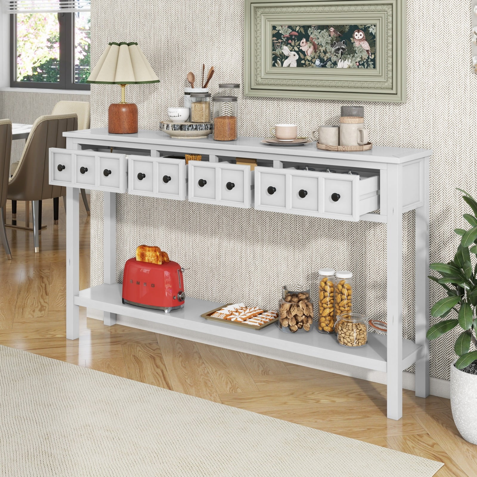 60-Inch Rustic Entryway Console Table, Long Sofa Table with 2 Small Drawers and 2 Larger Drawers, Bottom Shelf for Storage (Antique White)