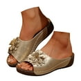 thumbnail image 3 of Slippers for Women,Stylish Opentoe Wedges With Leather Top And Flower Slippers Are Comfortable Shoes With Temperament,Womens Slippers,Gold,6, 3 of 9