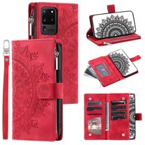 Dteck Wallet Case for Samsung Galaxy S20 Ultra, Embossed Floral Case Crossbody Strap for Women & Men Magnetic Closure Wallet Card Holder Flip Stand Shockproof Protective Cover, red