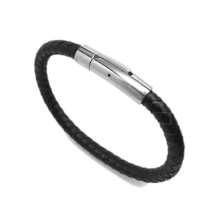 Mens Braided Black Leather Bracelet with Double Stainless Steel Locking Clasp (8 Inch)