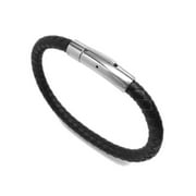 Mens Braided Black Leather Bracelet with Double Stainless Steel Locking Clasp (8 inch)