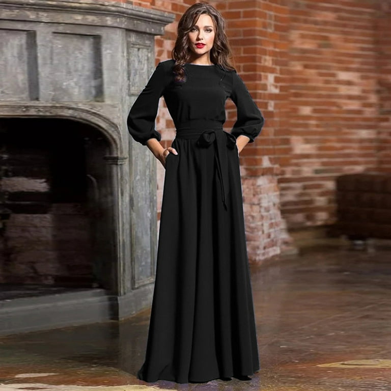 L-5XL Plus Size Women's Solid Color Casual Long Dress with Pocket 