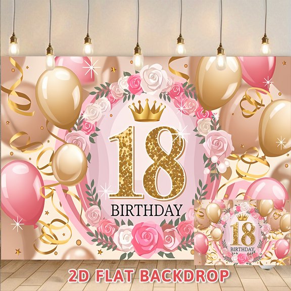 18th Birthday Backdrop Rose Gold Balloon Floral Party Banner Adult Birthday Celebration Photography Background Wall Decoration for Indoor Outdoor Party Events