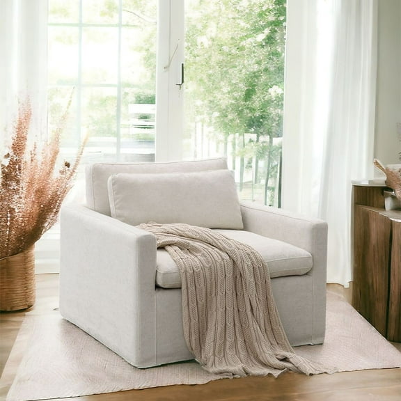 ACME Naveen Contemporary Fabric Upholstered Swivel Chair with Pillow in Ivory