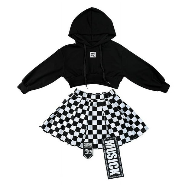 Ropa de espectáculo de baile callejero de hip-hop y jazz de ombligo para niñas, falda a cuadros, ropa para niños, ropa de espectáculo de baile de jazz para niñas, ropa de moda.