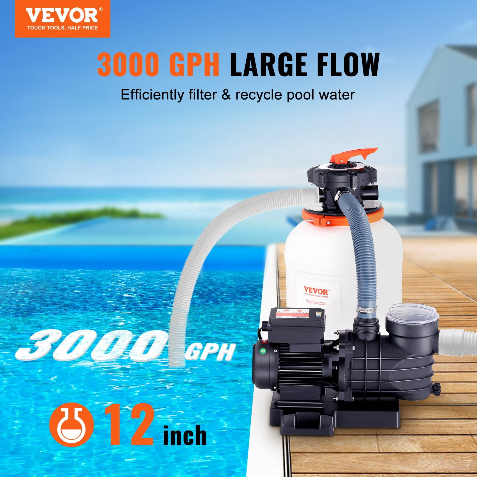 VEVOR 12-inch 3000 GPH Sand Filter Pump, 1/2 HP, Complete Pool System
