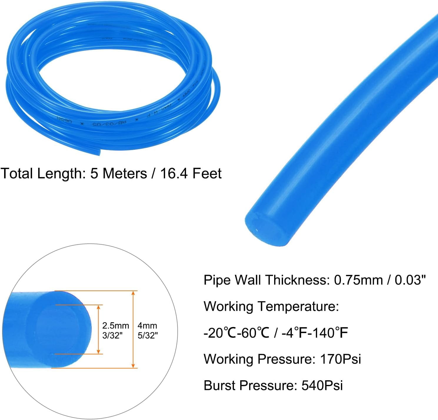 MKEUDQ-Pneumatic Tubing Pipe Pu Hose 4mm OD x 2.5mm ID 5 Meters(16.4 FT) Air Compressor PU Polyurethane Line Hose Tube for Air Compressor Water Fluid Transfer, Blue