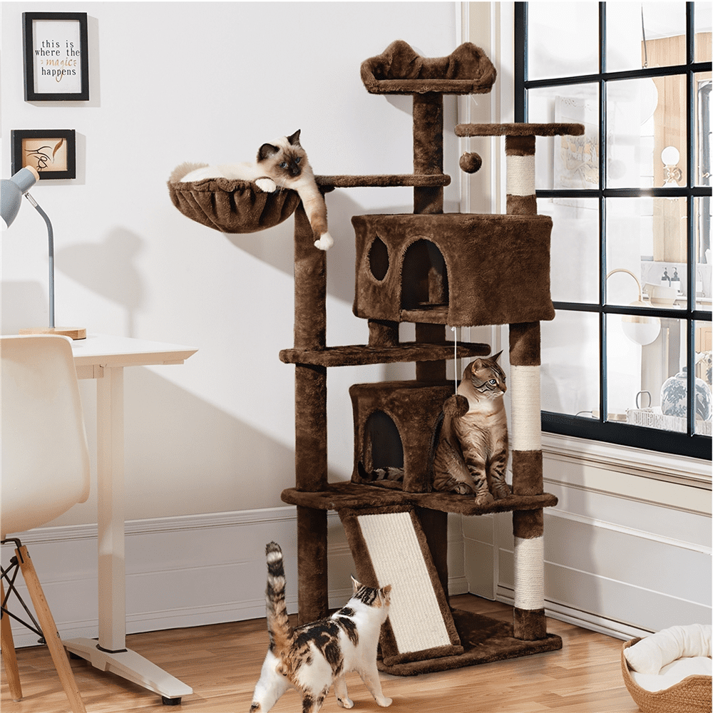 Alden Design 57.5" Double Condo Cat Tree with Scratching Post Tower, Brown
