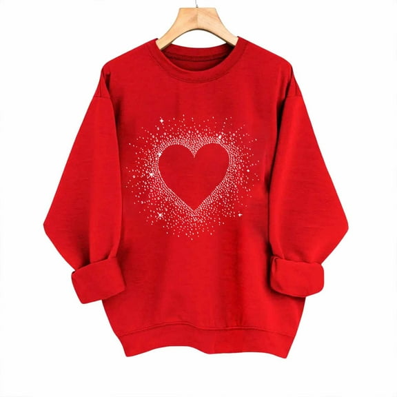 GuzomFashion Womens Crewneck Sweatshirt - White Sparkling Heart Motif Loose Fit 100% Polyester Machine Washable Plus Size S-XXL Valentine's Day Casual Daily Wear,Size XL