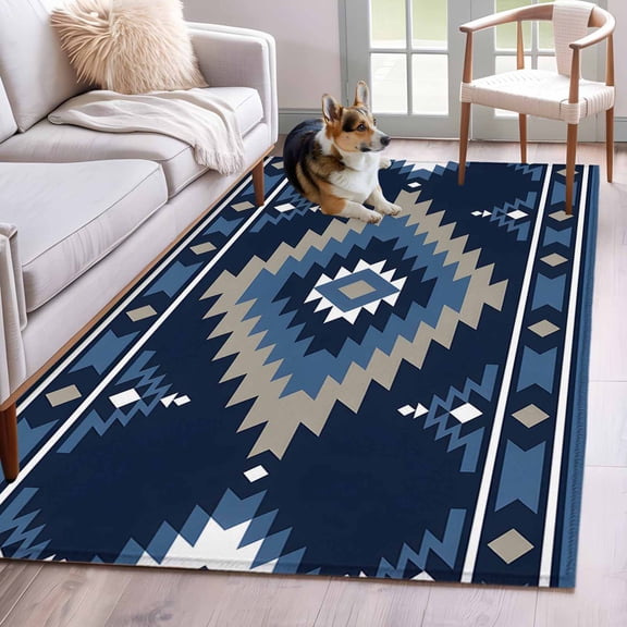 Blue Boho Area Rug 4x6 Washable Rug Non Slip Aztec Southwest Abstract Geometric Motifs Large Area Rug Indoor Floor Carpet for Entryway Bedroom Kitchen Living Room Home Office Dining Room Nursery
