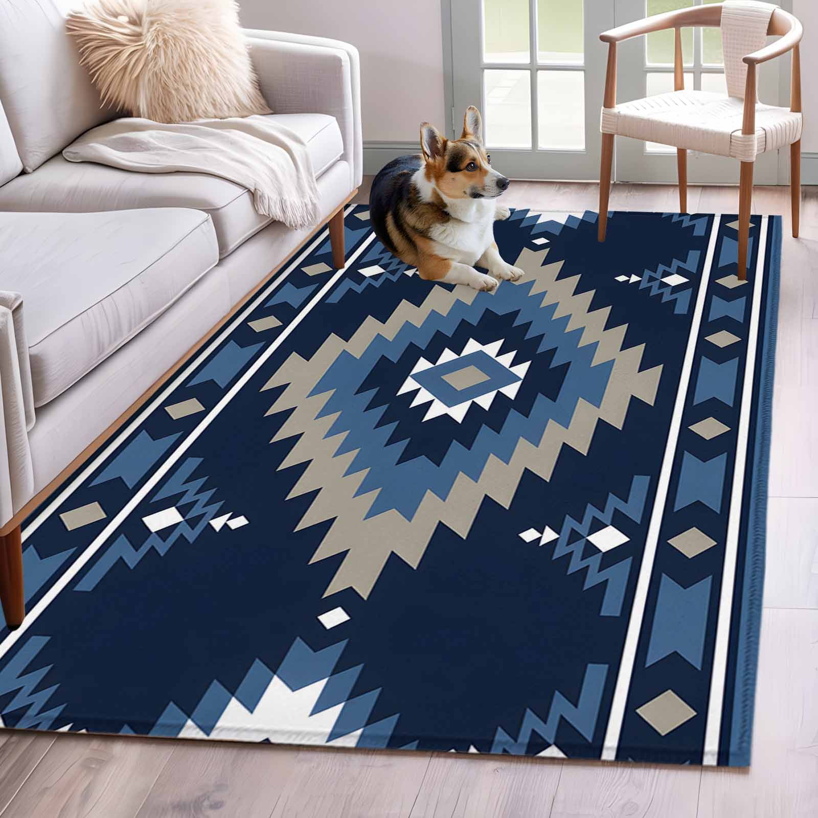 Blue Tribal Geometric Washable Area Rugs 2.7 x5 Bohemian Vintage Native Abstract Low Pile Throw Living Room Rug Non-Slip Sturdy Edge Binding Carpet for Indoor Entryway Bedside Kitchen