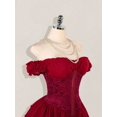 thumbnail image 3 of Burgundy Off Shoulder Gothic Corset Mini Dress With Ruffle Trim, Jacquard Waist, Layered Hem & Sweetheart Neckline, 3 of 8