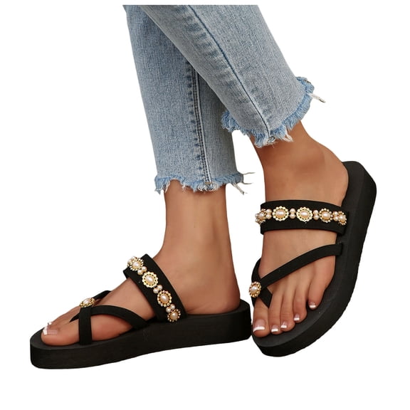 Womens Flip Flops Rhinestone T-Strap Platform Sandals Elegant Beaded Slip on Slides 2026 Beach Vacation Slippers Khaki Size 8.5