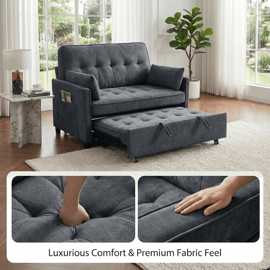 Howcool 55" Sleeper Sofa Bed, 3-in-1 Pull Out Convertible Loveseat Couch with 5-Level Adjustable Backrest, USB Port & Side Pocket, Terry Fabric Sofa for Living Room, Bedroom & Small Spaces,Dark Grey