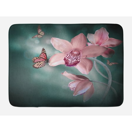Floral Bath Mat, Orchid Flower with Butterfly Soft Fresh Spring Nature Theme Art Photo, Non-Slip Plush Mat Bathroom Kitchen Laundry Room Decor, 29.5 X 17.5 Inches, Baby Pink and Jade Green,