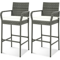 2 Pcs Outdoor Wicker Rattan Patio Bar Stools Counter Bar Height Chairs,Cushions,Mix Gray